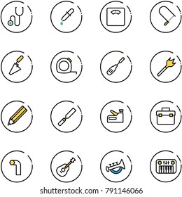 line vector icon set - stethoscope vector, pipette, floor scales, fretsaw, trowel, measuring tape, chisel, wood drill, pencil, rasp, stapler, tool box, allen key, guitar, horn toy, piano