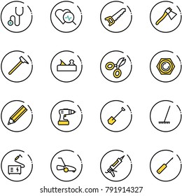 line vector icon set - stethoscope vector, heart diagnosis, saw, axe, mason hammer, jointer, scissors, nut, pencil, drill, shovel, rake, welding, lawn mower, gun sealant, awl