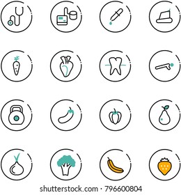 line vector icon set - stethoscope vector, tonometer, pipette, treadmill, carrot, heart, tooth, push ups, weight, eggplant, sweet pepper, pear, onion, broccoli, banana, strawberry