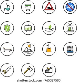 line vector icon set - stomach vector, tap pay, climb road sign, end minimal speed limit, shield, presentation chart, hand sproute, tv news, lounger, pyramid, sand castle, binary code, saw, axe