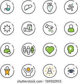 line vector icon set - stomach vector, liver, heart, run, virus, investment, user, login, group, head bulb, success, star man, eye scanner