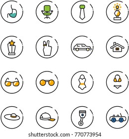 line vector icon set - stomach vector, office chair, tie, award, victory, limousine, home, sunglasses, swimsuit, woman hat, cap, piston, toy car