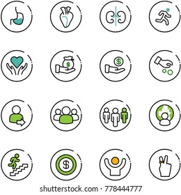 line vector icon set - stomach vector, heart, kidneys, run, care, investment, user login, group, man globe, career, dollar, success, victory