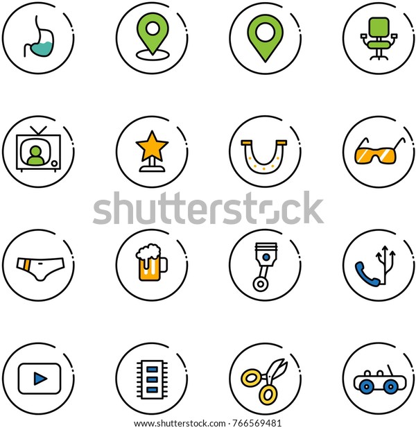 line vector icon set - stomach\
vector, map pin, office chair, tv news, award, luck, sunglasses,\
swimsuit, beer, piston, phone, playback, chip, scissors, toy\
car