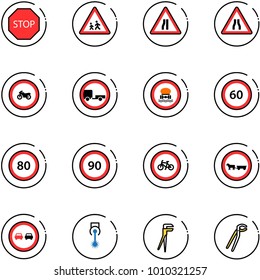 line vector icon set - stop vector road sign, children, narrows, no moto, trailer, dangerous cargo, speed limit 60, 80, 90, bike, cart horse, overtake, laser, plumber