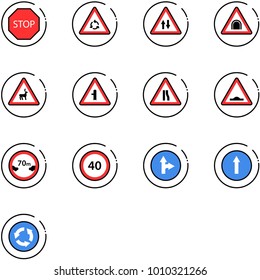 line vector icon set - stop vector road sign, round motion, oncoming traffic, tunnel, wild animals, intersection, narrows, artificial unevenness, limited distance, speed limit 40, only forward right