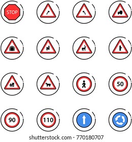 line vector icon set - stop vector road sign, turn right, left, tractor way, tunnel, abrupt, wild animals, intersection, railway, cow, no pedestrian, speed limit 50, 90, 110, only forward, circle