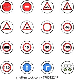 line vector icon set - stop vector road sign, no way, car crash, narrows, artificial unevenness, cow, prohibition, moto, truck, speed limit 10, 80, 100, 130, only forward, right, toy bus