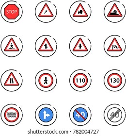 line vector icon set - stop vector road sign, turn right, tractor way, steep roadside, pedestrian, intersection, side wind, narrows, no, speed limit 110, 130, customs, only forward, end minimal