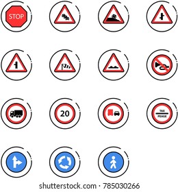 line vector icon set - stop vector road sign, multi lane traffic, steep roadside, intersection, side wind, rough, no horn, truck, speed limit 20, overtake, tax peage, only forward right, circle