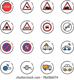 line vector icon set - stop vector road sign, multi lane traffic, climb, steep descent, tunnel, car crash, no, end overtake limit, parking, even, baggage, wireless, key, jack, truck toy