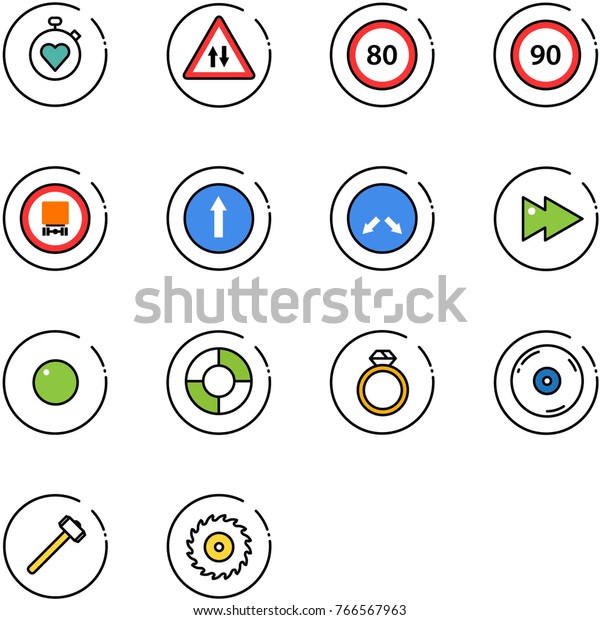 line vector icon set - stopwatch heart\
vector, oncoming traffic road sign, speed limit 80, 90, no\
dangerous cargo, only forward, detour, fast, record, circle chart,\
diamond ring, cd,\
sledgehammer