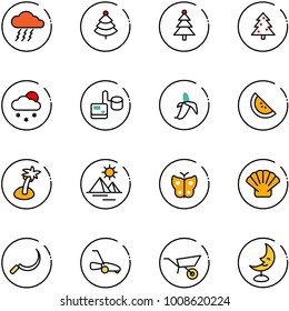 line vector icon set - storm vector, christmas tree, snowfall, tonometer, banana, watermelone, palm, pyramid, butterfly, shell, sickle, lawn mower, wheelbarrow, moon lamp