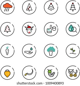 line vector icon set - storm vector, christmas tree, deer hat, tonometer, blood test, carrot, drop hand, broccoli, sproute, strawberry, sickle, toy caterpillar, cat
