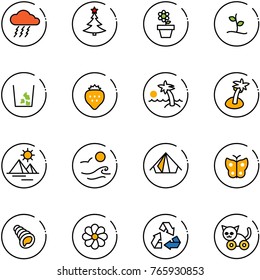 line vector icon set - storm vector, christmas tree, flower pot, sproute, garbage, strawberry, palm, pyramid, waves, tent, butterfly, shell, recycling, toy cat