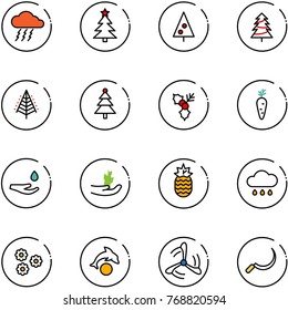 line vector icon set - storm vector, christmas tree, holly, carrot, drop hand, sproute, pineapple, rain cloud, flower, dolphin, wind mill, sickle