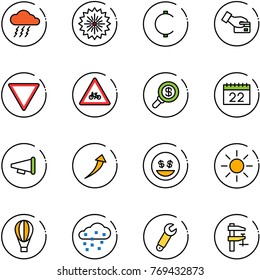 line vector icon set - storm vector, firework, cent, card pay, giving way road sign, for moto, search money, calendar, speaker horn, growth, smile, sun, air balloon, snow, wrench, clamp
