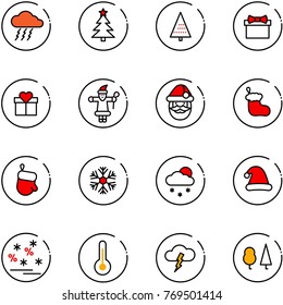 line vector icon set - storm vector, christmas tree, gift, santa claus, sock, glove, snowflake, snowfall, hat, sale, thermometer, forest