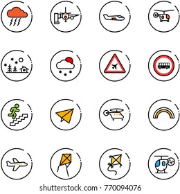 line vector icon set - storm vector, boarding passengers, small plane, helicopter, christmas landscape, snowfall, airport road sign, no bus, career, paper fly, rainbow, kite, toy