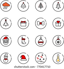 line vector icon set - storm vector, christmas tree, gift, bow, santa claus, sock, ball, snowman, hat, sale, thermometer