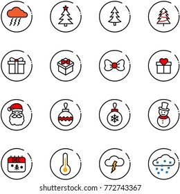 line vector icon set - storm vector, christmas tree, gift, bow, santa claus, ball, snowman, calendar, thermometer, snow