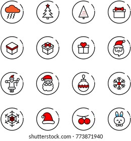 line vector icon set - storm vector, christmas tree, gift, santa claus, ball, snowflake, hat, rowanberry, toy rabbit