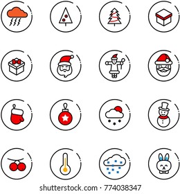 line vector icon set - storm vector, christmas tree, gift, santa claus, glove, ball, snowfall, snowman, rowanberry, thermometer, snow, toy rabbit