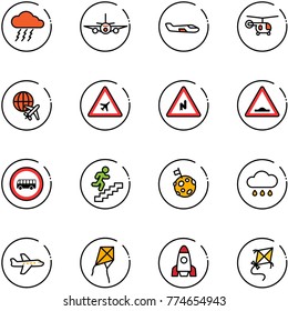 line vector icon set - storm vector, plane, small, helicopter, globe, airport road sign, abrupt turn right, artificial unevenness, no bus, career, moon flag, rain cloud, kite, rocket