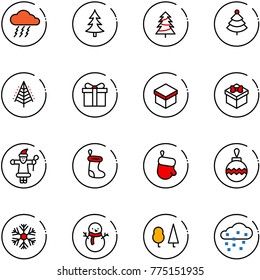 line vector icon set - storm vector, christmas tree, gift, santa claus, sock, glove, ball, snowflake, snowman, forest, snow