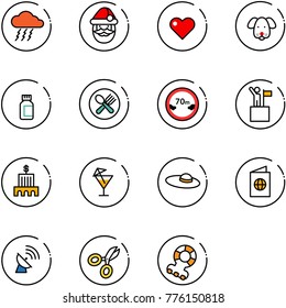 line vector icon set - storm vector, santa claus, heart, dog, pills bottle, fork spoon plate, limited distance road sign, win, bank building, drink, woman hat, passport, satellite antenna, scissors