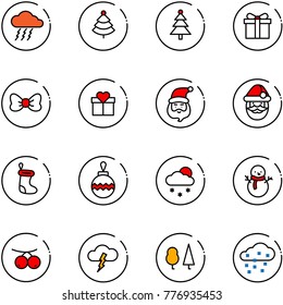 line vector icon set - storm vector, christmas tree, gift, bow, santa claus, sock, ball, snowfall, snowman, rowanberry, forest, snow