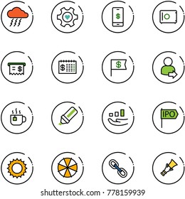 line vector icon set - storm vector, heart gear, mobile payment, safe, receipt, finance calendar, dollar flag, user login, hot tea, highlight marker, growth, ipo, sun, parasol, link, dowel