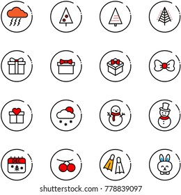 line vector icon set - storm vector, christmas tree, gift, bow, snowfall, snowman, calendar, rowanberry, flippers, toy rabbit