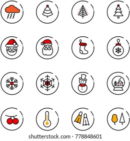 line vector icon set - storm vector, christmas tree, santa claus, sock, ball, snowflake, snowman, snowball house, rowanberry, thermometer, flippers, forest