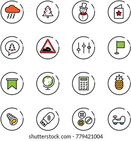 line vector icon set - storm vector, christmas tree, snowman, star postcard, merry message, steep descent road sign, settings, flag, globe, calculator, pineapple, shell, usb wi fi, rivet, baby car