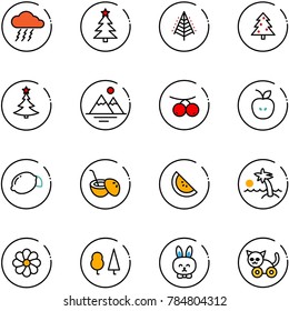 line vector icon set - storm vector, christmas tree, mountains, rowanberry, apple, lemon, coconut cocktail, watermelone, palm, flower, forest, toy rabbit, cat