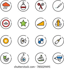 line vector icon set - storm vector, christmas ball, santa stick, scalpel, tax peage road sign, star, stairs, arrows up, medal, solution, atom core, screwdriver, toy caterpillar, yoyo, boat