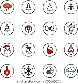 line vector icon set - storm vector, christmas tree, gift, bow, santa claus, sock, glove, ball, snowflake, snowball house, snow