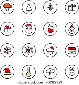 line vector icon set - storm vector, christmas tree, gift, santa claus, glove, ball, snowflake, snowfall, calendar, hat, thermometer, toy rabbit