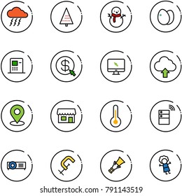 line vector icon set - storm vector, christmas tree, snowman, eggs, atm, money click, monitor cursor, upload cloud, map pin, store, thermometer, server wireless, projector, clamp, dowel, doll