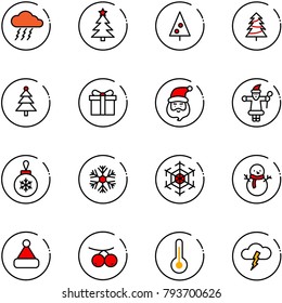 line vector icon set - storm vector, christmas tree, gift, santa claus, ball, snowflake, snowman, hat, rowanberry, thermometer