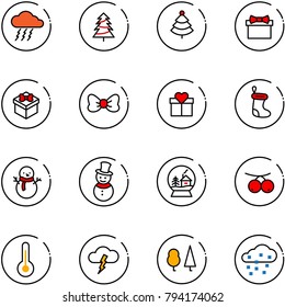 line vector icon set - storm vector, christmas tree, gift, bow, sock, snowman, snowball house, rowanberry, thermometer, forest, snow
