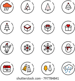 line vector icon set - storm vector, christmas tree, gift, santa claus, snowflake, snowman, calendar, flippers, forest, snow