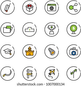 line vector icon set - suitcase vector, gift, browser globe, share, folder, pedestal, cup, money tree, graduate hat, sand fort, shell, camera, sickle, clamp, kite, toy windmill