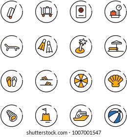 line vector icon set - suitcase vector, baggage, passport, scales, lounger, flippers, palm, inflatable pool, flip flops, parasol, shell, sand castle, cruiser, beach ball