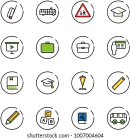 line vector icon set - suitcase vector, airport bus, children road sign, graduate hat, presentation board, case, portfolio, book, pennant, ruler, pencil, abc cube, toy