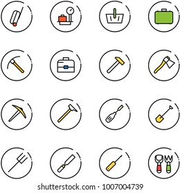 line vector icon set - suitcase vector, baggage scales, basket, case, rock axe, hammer, mason, chisel, shovel, farm fork, rasp, awl, toy