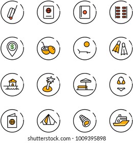 line vector icon set - suitcase vector, passport, plane seats, dollar pin, coconut cocktail, lounger, flippers, bungalow, palm, inflatable pool, swimsuit, tent, shell, cruiser