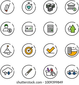line vector icon set - suitcase vector, stopwatch heart, big cash, account, statistics, calculator, arrow up, mountain, target, check, hotel, cloud exchange data, drill, shovel bucket, toy car