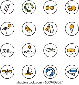 line vector icon set - suitcase vector, clock around, sunglasses, coconut cocktail, beach, watermelone, flippers, ice cream, swimming, reading, woman hat, diving, dragonfly, windsurfing, ball